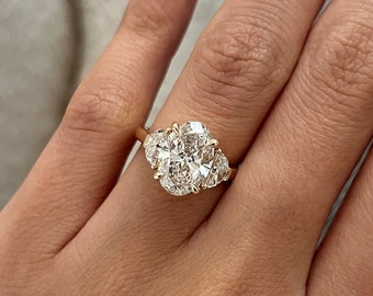 Carat Oval Lab Grown Diamond Three Stone Engagement Ring Half
