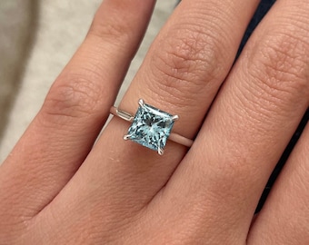2 Carat Princess Cut Fancy Vivid Blue Lab Grown Diamond Engagement Ring / White Gold Blue Diamond Solitaire Ring / Unique Colored Diamond