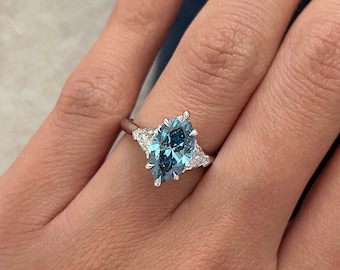 2 Carat Marquise Fancy Vivid Blue Diamond Three Stone Engagement Ring / Colored Diamond Triad Ring / Blue Diamond and Trillions 3 Stone Ring