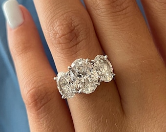 5 Carat Oval Lab Grown Diamond Trilogy Ring / Oval Three Stone Engagement Ring / 14k Gold Two Tone Triad Diamond Ring / E VVS2 IGI Certified