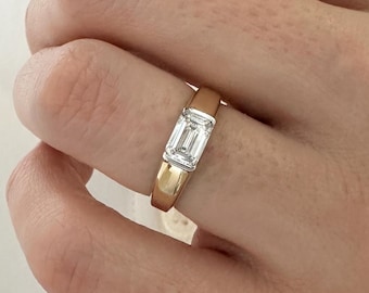 1 Carat Emerald Cut Lab Grown Diamond Half Bezel Engagement Ring / Low Set Unique Solitaire Ring / Two Tone Yellow & White Gold / Cigar Band