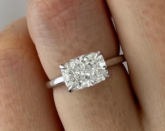 2 Carat Elongated Cushion East West Engagement Ring / 14k White Gold Cathedral Solitaire Ring / Unique Elongated Diamond High Set Ring