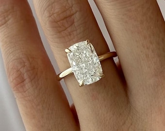 5 Carat Elongated Cushion Diamond Solitaire Ring: 14k Yellow Gold Minimalist Engagement Ring, Crushed Ice Cushion Thin Ring