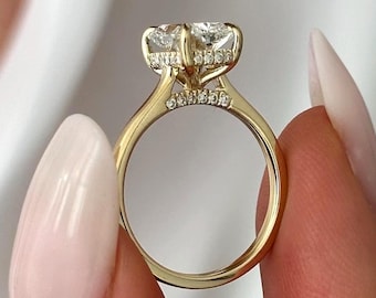 2 Carat Elongated Cushion Lab Grown Diamond Cathedral Engagement Ring / 14K Yellow Gold Hidden Halo Gallery Wedding Ring / High Set Ring