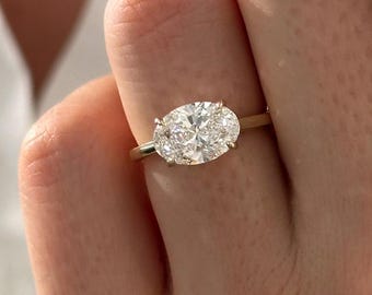 2 Carat Oval E VVS2 Lab Grown Diamond East West Solitaire Ring: 14k Yellow Gold Cathedral Engagement Ring