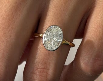 3 Carat Oval Diamond Unique Bezel Set Two Tone Flush Fit Engagement Ring: Unique Bezel Solitaire Ring