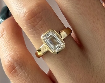 2 Carat Emerald Cut Lab Grown Diamond Bezel Set Flush Fit 4MM Engagement Ring: Solid 14k Yellow Gold, Sleek Tapered Solitaire Ring