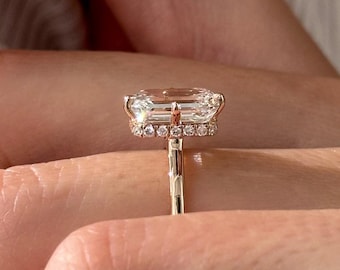 2.5 Carat Emerald Cut Lab Grown Diamond Compass Set Engagement Ring / 360 Hidden Halo Unique Cathedral Emerald Cut Diamond Ring