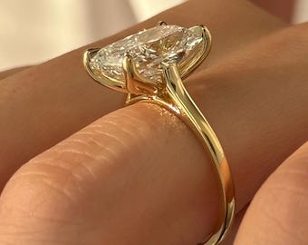 HUGE 6 Carat Elongated Cushion Lab Diamond Tulip Set Engagement Ring / Yellow Gold Flush Fit Solitaire Ring / Elongated Diamond Ring