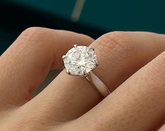 4 Carat Round Brilliant Lab Grown Diamond E VVS2 Tapered Engagement Ring / 14k White Gold Lotus Set Ring / 3.5MM Tulip Set Solitaire Ring