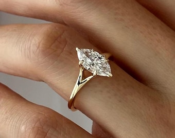 1.5 Carat Marquise Lab Grown Diamond UNIQUE Solitaire Ring: 14K Yellow Gold Low Set Marquise Diamond Split Shank Engagement Ring