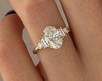 2 Carat Oval E VVS2 Lab Grown Diamond Five Stone Engagement Ring / 14k Yellow Gold Classic Engagement Ring / Oval and Baguette Diamond Ring