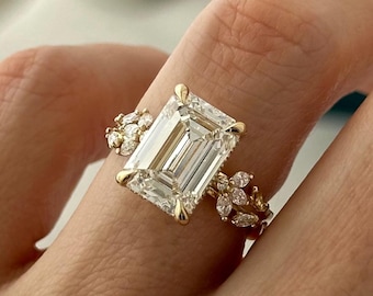 5 Carat Emerald Cut E VVS2 Lab Grown Diamond Nature Inspired Engagement Ring / 14k 18k Yellow Gold Twig and Leaf Proposal Ring / Branch Ring