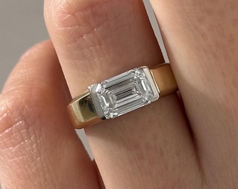 2 Carat Emerald Cut E VVS2 Lab Grown Diamond East West Half Bezel Engagement Ring / Low Set Unique Solitaire Ring / Two Tone Diamond Ring
