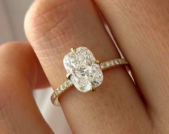 2 Carat Elongated Cushion Lab Grown Diamond Compass Set Engagement Ring / 14k Yellow Gold Dainty Pave Engagement Ring / Flush Fit Ring