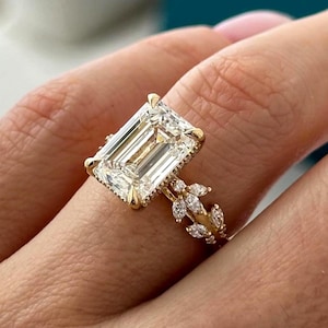 5 Carat Emerald Cut E VVS2 Lab Grown Diamond Nature Inspired Engagement Ring / 14k 18k Yellow Gold Twig and Leaf Proposal Ring / Branch Ring