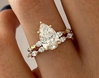Anillo de compromiso con banda de diamantes talla pera marquesa VVS2 cultivados en laboratorio, de 2 quilates, en oro amarillo de 14k / Conjunto nupcial inspirado en la naturaleza / Conjunto delicado