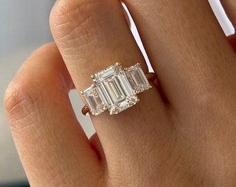 4 Carat Total E VS1 Emerald Cut Lab Diamond Three Stone Ring, 3 Carat Emerald Cut Center Stone, Triad Diamond Ring