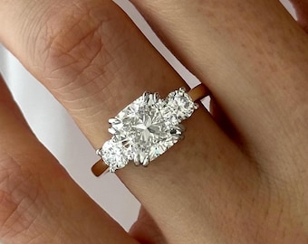 3 Carat Square Cushion Lab E VVS2 Lab Grown Diamond Three Stone Ring: Yellow Gold & Platinum Two Tone 3 Stone Ring With Side Round Accents