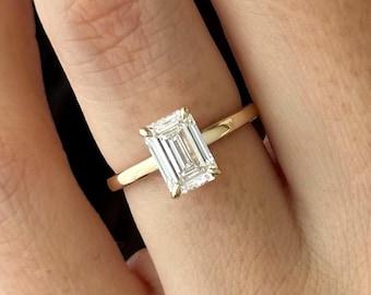 1.5 Carat Emerald Cut E VVS2 Lab Grown Diamond Solitaire Ring / 14k Yellow Gold Flush Fit Engagement Ring / Dainty Minimalist Wedding Ring