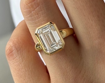5 Carat Emerald Cut Lab Grown Diamond Ring in 14K Yellow Gold Bezel Setting: Low Set Flush Fit Unique Diamond Engagement Ring
