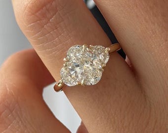 2 Carat Oval & Half Moon Lab Grown Diamonds Three Stone Ring: 14k Gold Flush Fit Oval 3 Stone Engagement Ring, UNIQUE Trilogy Stone Ring