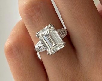 6 Carat Emerald Cut Lab Grown Diamond and Tapered Baguette Three Stone Ring in White Gold