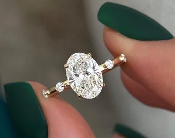 2 Carat Oval Lab Grown Diamond E VVS2 IGI Certified Ring / 1.6MM 14K Yellow Gold Oval Diamond Ring / Dainty Nature Inspired Wedding Ring