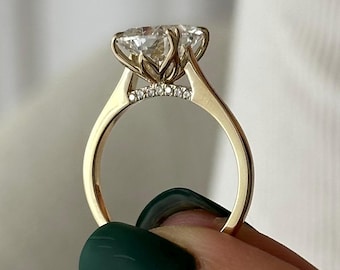 4 Carat Elongated Cushion Lab Grown Diamond Tulip Set Engagement Ring in Yellow Gold / Unique High Set Proposal Ring / Cathedral Flush Fit