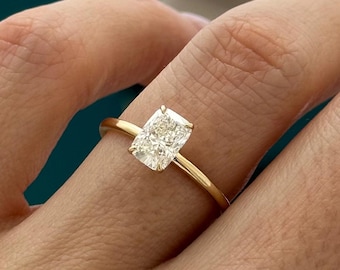 1 Carat E VS1 Elongated Cushion Lab Grown Diamond Solitaire Ring / 14K Yellow Gold Thin Minimalist Wedding Ring / Minimal Engagement Ring