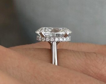 4 Carat Oval E VVS2 Lab Grown Diamond 360 Hidden Halo Engagement Ring / 14k White Gold Elongated Oval High Set Cathedral Ring / 2MM D Shape