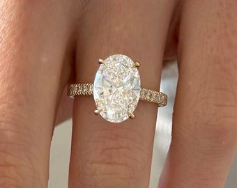 UNIQUE 5 Carat Oval E VVS2 Lab Grown Diamond Double Hidden Halo High Set Cathedral Engagement Ring: Solid 14k Gold Pave Oval Ring