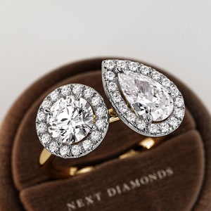 2 Carat Toi et Moi Halo Pear and Round Lab Grown Diamond Ring / Two Stone Halo Diamond Ring / Toi et Moi Lab Created Diamond Ring / Two Tone