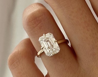 4 Carat Emerald Cut E VVS2 Lab Grown Diamond Compass Set Engagement Ring / Hidden Halo 14k Gold Kite Set Ring / Art Deco Ring Yellow Gold