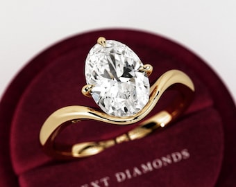 2 Carat Oval Lab Grown Diamond Curved Solitaire Ring / 2ct Oval Diamond Engagement Ring / Elongated Oval IGI Certified VS1 F Yellow Gold