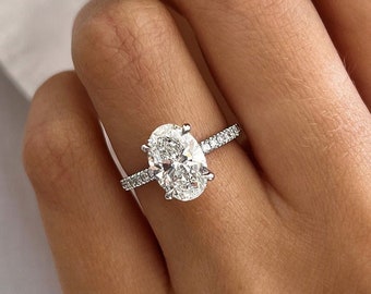 2 Carat Oval E VVS2 Lab Grown Diamond Hidden Halo Engagement Ring / Dainty Pave Classic Wedding Ring / Oval Diamond Ring / 14k White Gold