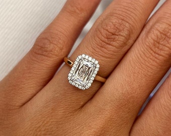 2 Carat Antique Cut Cushion Lab Grown Diamond Engagement Ring / VS1 F CVD Diamond 14K Gold & White Gold Prongs / Halo Emerald Old Cut Ring