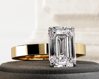 3 Carat Elongated Emerald Cut E VVS2 Lab Grown Diamond Ring / 3.5MM Wide Cigar Band Solitaire Ring / Two Tone Platinum Prongs Diamond Ring