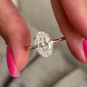 3 Carat Oval Lab Grown Diamond Hidden Halo Engagement Ring / Dainty Thin 4 Prong Oval Shape CVD Diamond Ring / Minimal Bridal Ring 14k Gold