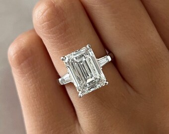 HUGE Carat Emerald Cut Diamond Three Stone Ring E VVS2 Emerald  Baguette Stone Ring 18k White Gold Classic Engagement Ring IGI Cert