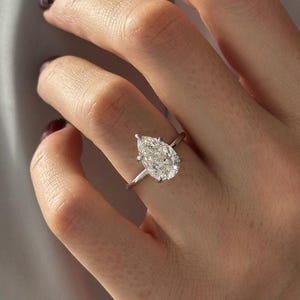 3 Carat Pear Cut D VVS2 Lab Diamond Solitaire Ring / Pear Shaped Diamond Engagement Ring / 1.5MM Thin Dainty Proposal Ring / 14k White Gold