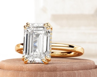 4 Carat Emerald Cut Lab Grown Diamond Unique Hidden Halo Engagement Ring / 14K 18K Gold Double Claw Prong Set / VVS2 E IGI Certified Diamond