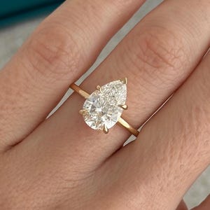 3 Carat Pear Cut E VVS2 Lab Grown Diamond Solitaire Ring / V Prong Pear Shape Hidden Halo Engagement Ring / 14k Gold 5 Prong Tear Shape Ring