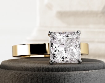 3 Carat Princess Cut Lab Grown Diamond E VVS2 Cigar Band Engagement Ring / 3MM Plain Wide Band Two Tone Ring / Unique Thick Solitaire Ring