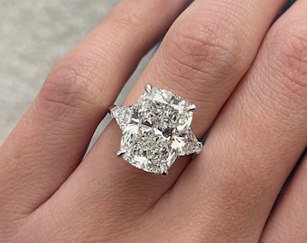 HUGE 7 Carat Elongated Cushion Lab Grown Diamond Three Stone Engagement Ring / Cushion and Trillions 3 Stone Ring / F VS1 IGI Certified