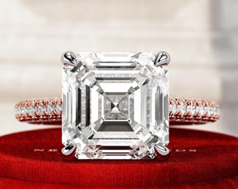 5 Carat Asscher Lab Grown Diamond 3D Pave Engagement Ring / 5ct Asscher Cut Diamond Ring / CVD Diamond Ring / 6.0 Carat Total VS1/F