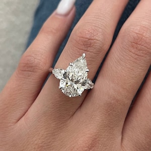 5 Carat Pear Shape Lab Grown Diamond Three Stone Engagement Ring / 1.7 Ratio Pear Cut Trilogy Diamond Ring / White Gold Triad Ring / 3 Stone