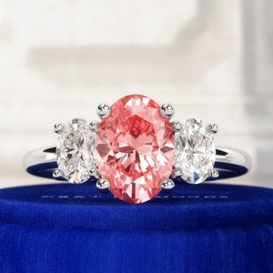 2.2 Carat Fancy Vivid Pink Oval Cut Lab Grown Diamond Engagement Ring / Three Stone Diamond Ring / Oval Cut F-VS1 Side Diamonds / White Gold