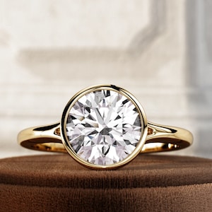 2 Carat Round Brilliant Lab Grown Diamond Solitaire Ring / Yellow Gold Bezel Set Engagement Ring / 2ct Round CVD Cathedral Split Shank Ring