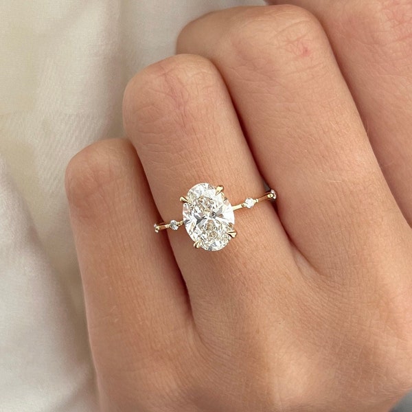 2 karat oval labgrown E VVS2 diamantring / 2 karat oval diamant tunn förlovningsring / Elegant ring / 14k guld avlång oval diamantring